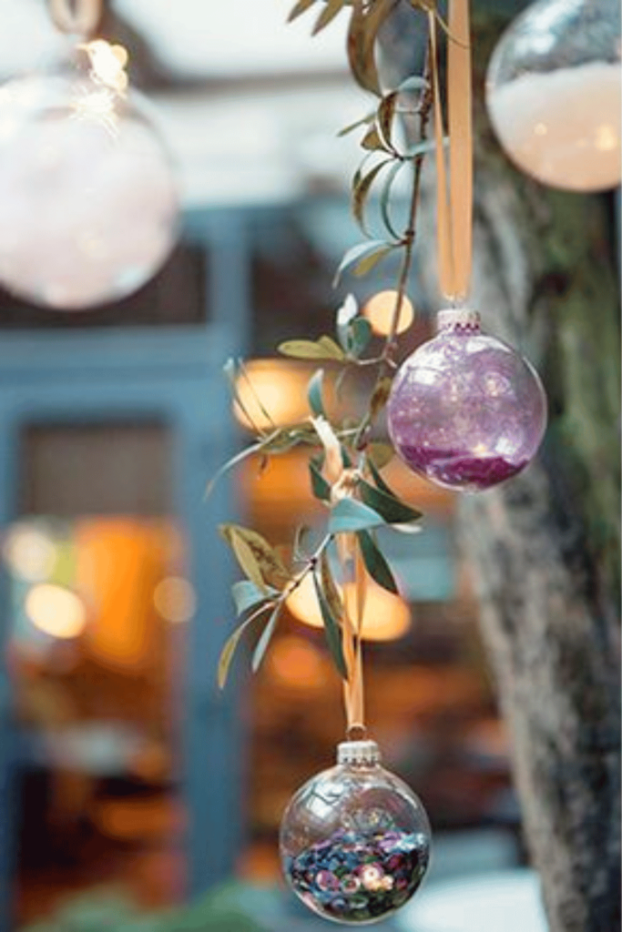 Glass baubles filled with glitter and sequins