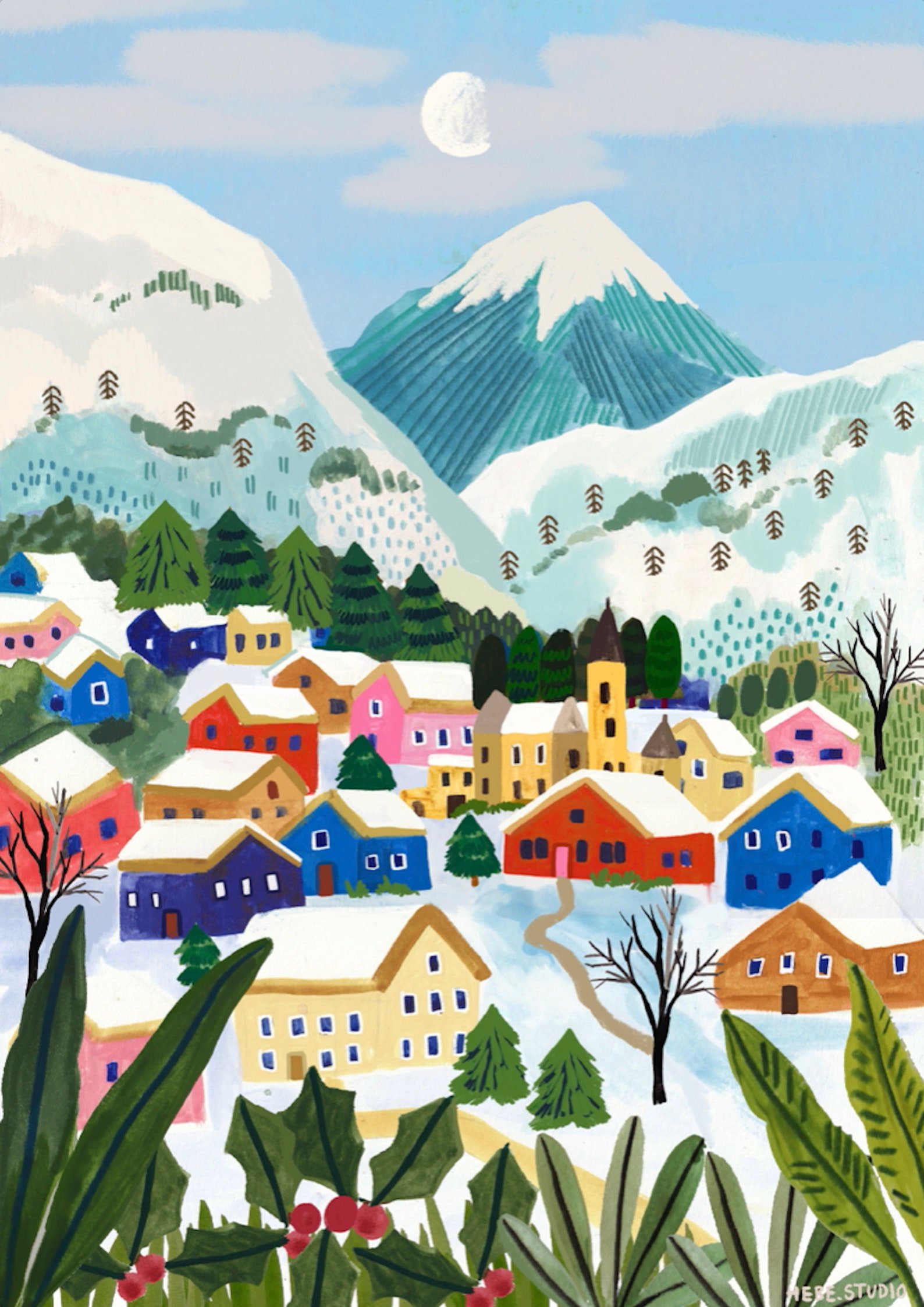 Snowy Village Painting