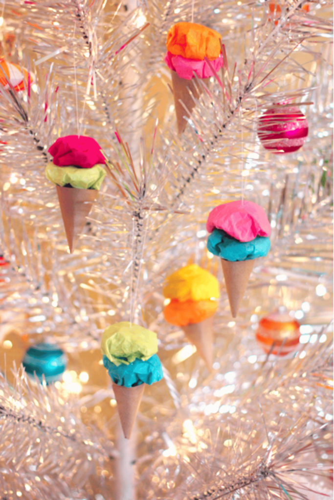 Paper Ice Cream Cone ornaments on a silver tree