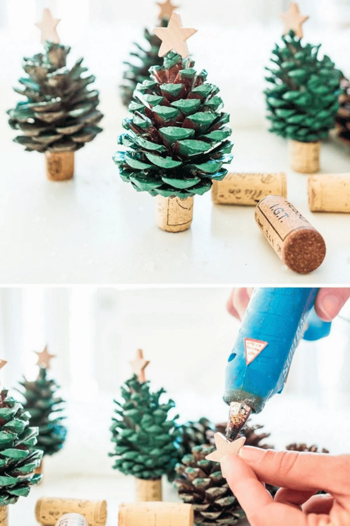 Mini trees made with pinecones and wine corks