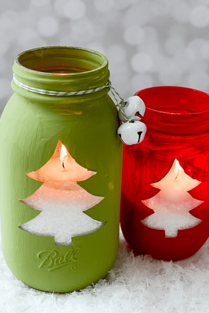 Red an Green painted mason jar candle votives