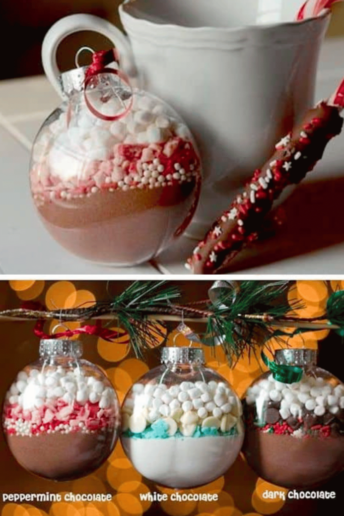 Glass bauble filled with cocoa, marshmallows and chocolate chips
