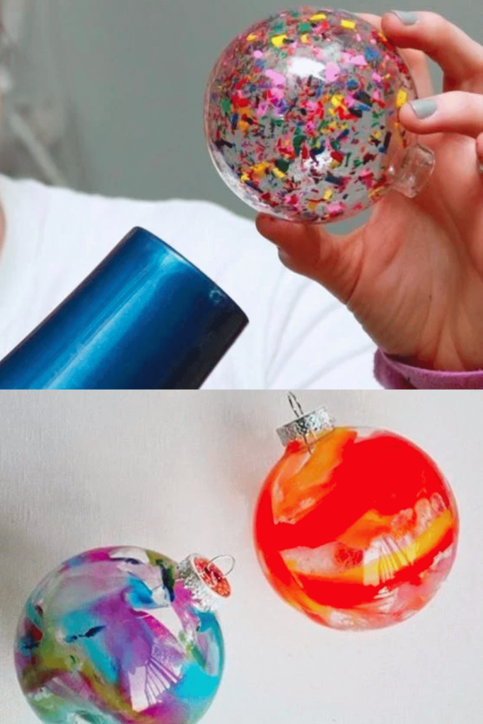 Glass baubles filled with melted wax crayon