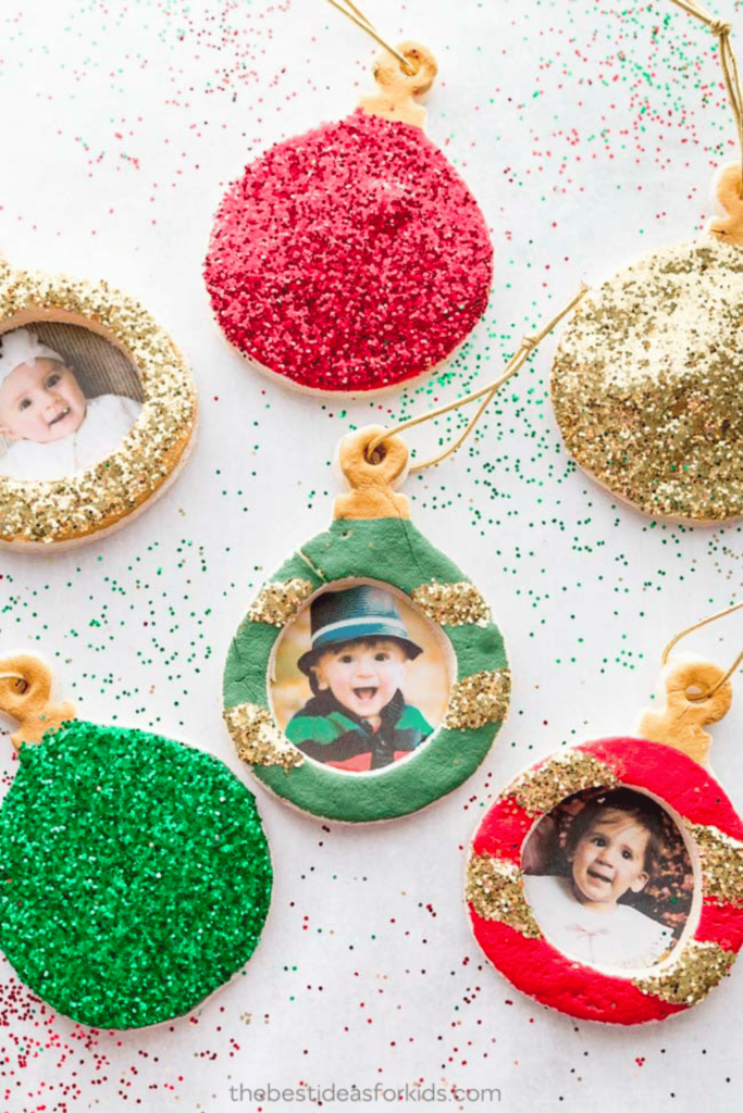 Green, red and gold glitter salt dough photo ornaments