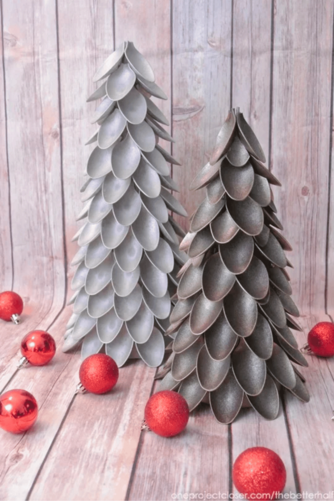 Two Christmas trees upcycled from plastic spoons