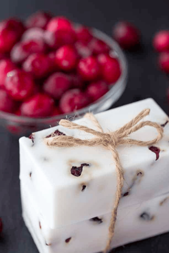two blocks of cranberry soap in front of a bowl of cranberries