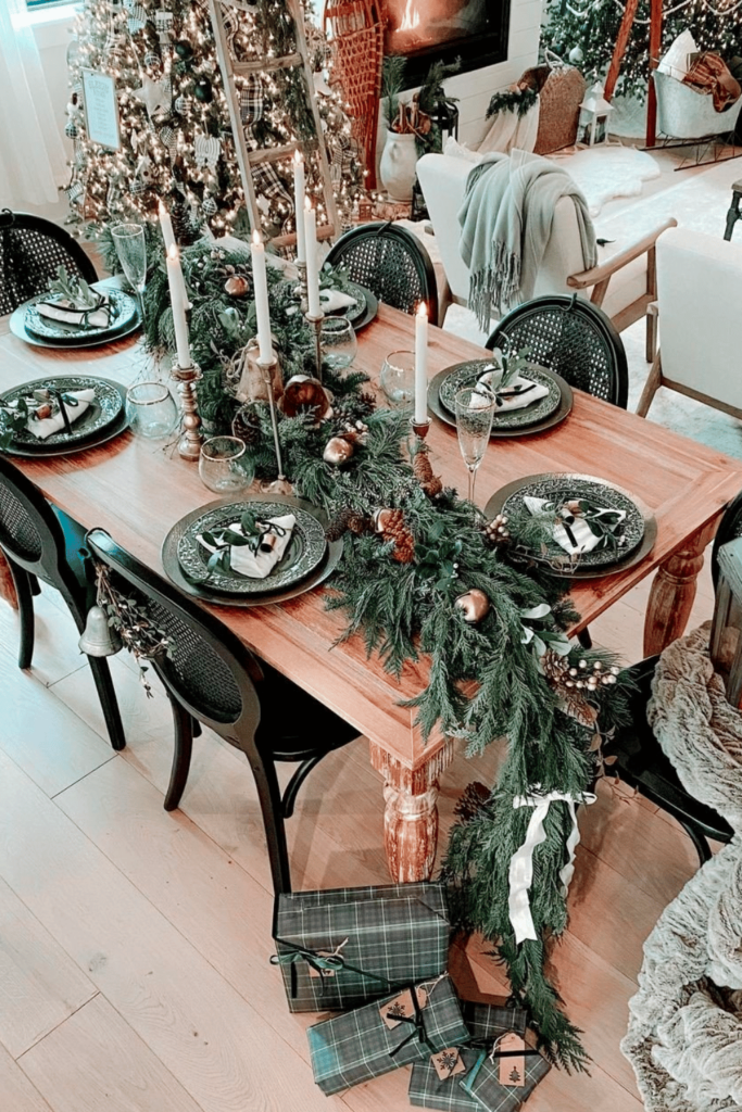 Rustic Centrepiece decorated with pinecones and gold bells