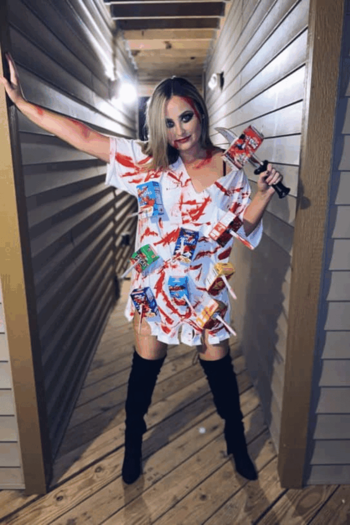 Woman in a white dress splattered with fake blood and attached cereal boxes, holding a toy knife as a “cereal killer.”