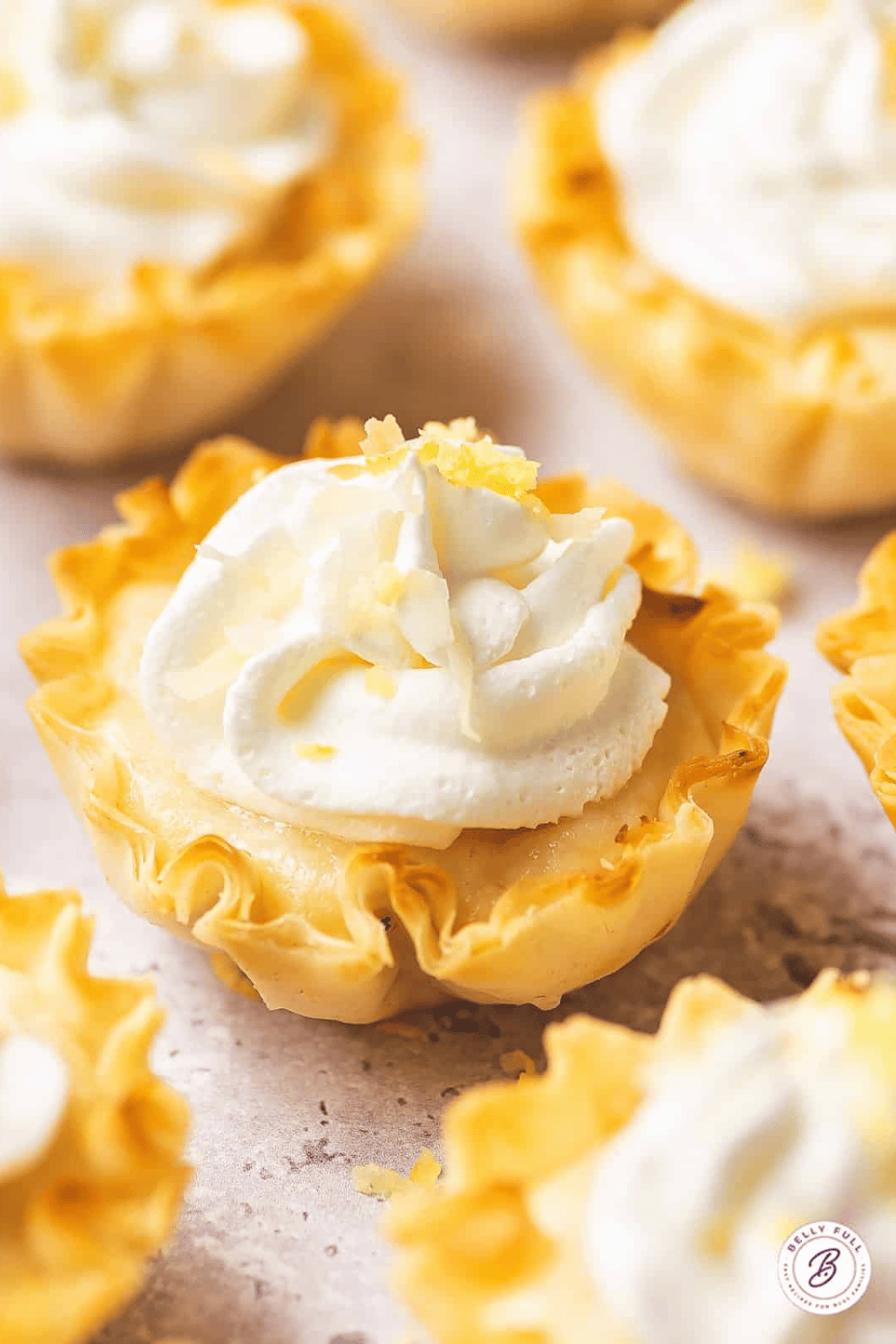 Mini tarts with a creamy lemon filling, whipped cream, and a sprinkle of lemon zest.