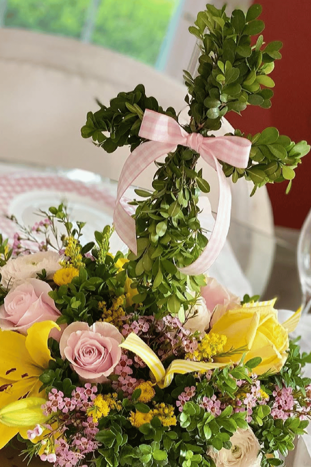 boxwood cross easter centerpiece