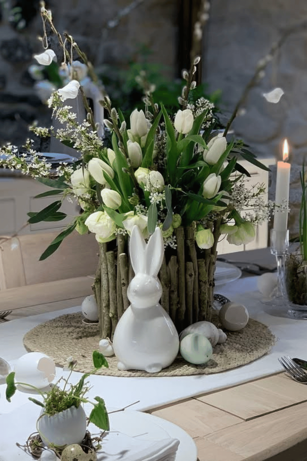 white tulip and birch bunny display