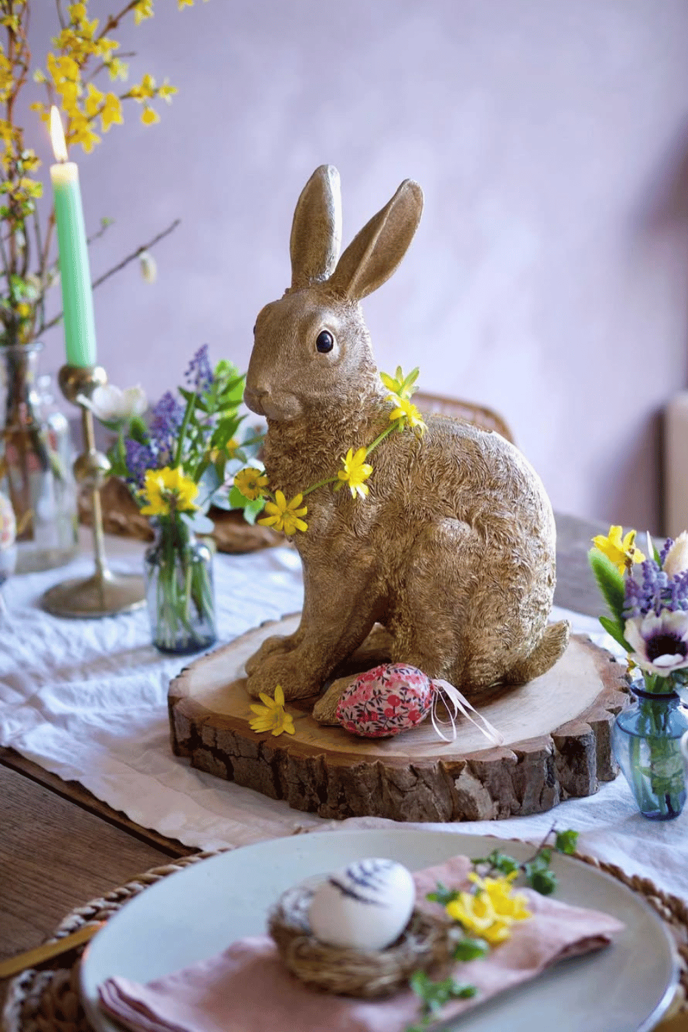 rustic bunny and floral log display