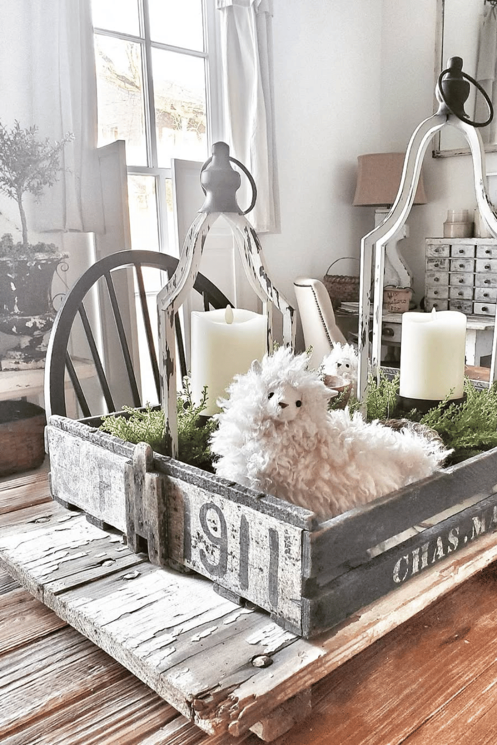 vintage farmhouse lamb centerpiece