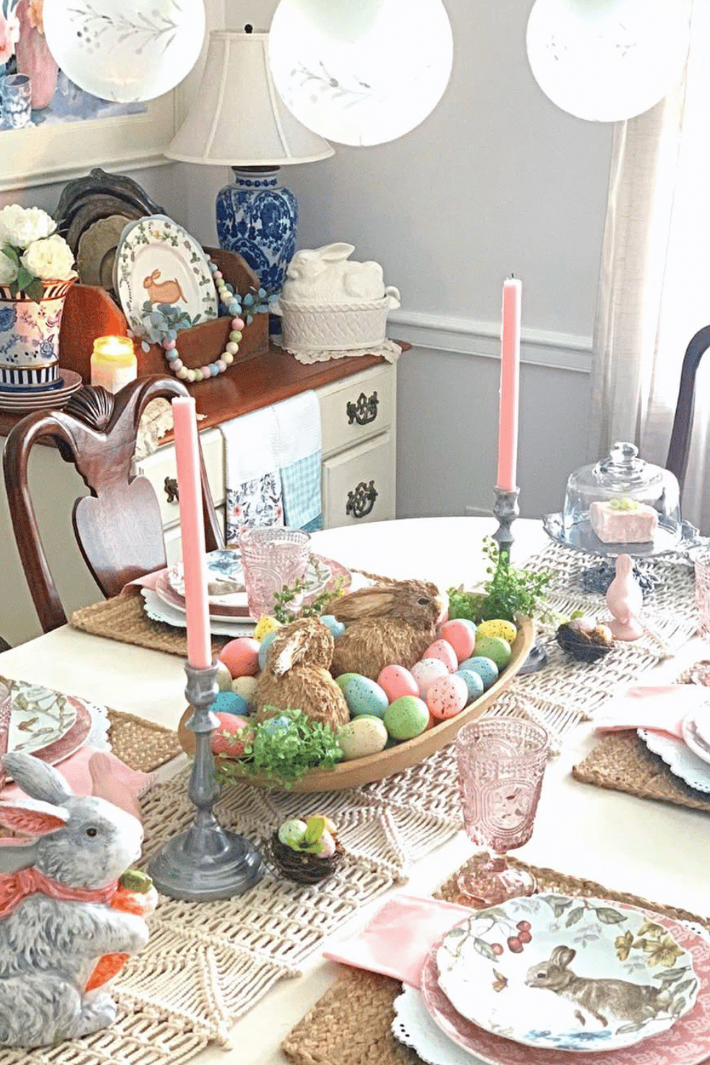 vintage-inspired bunny bowl display