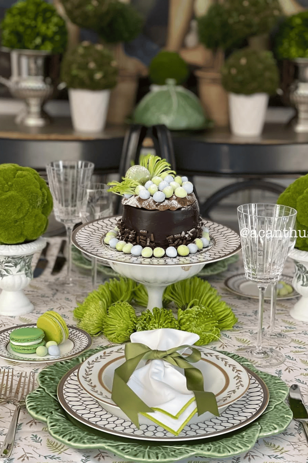 chocolate and greenery easter table setting