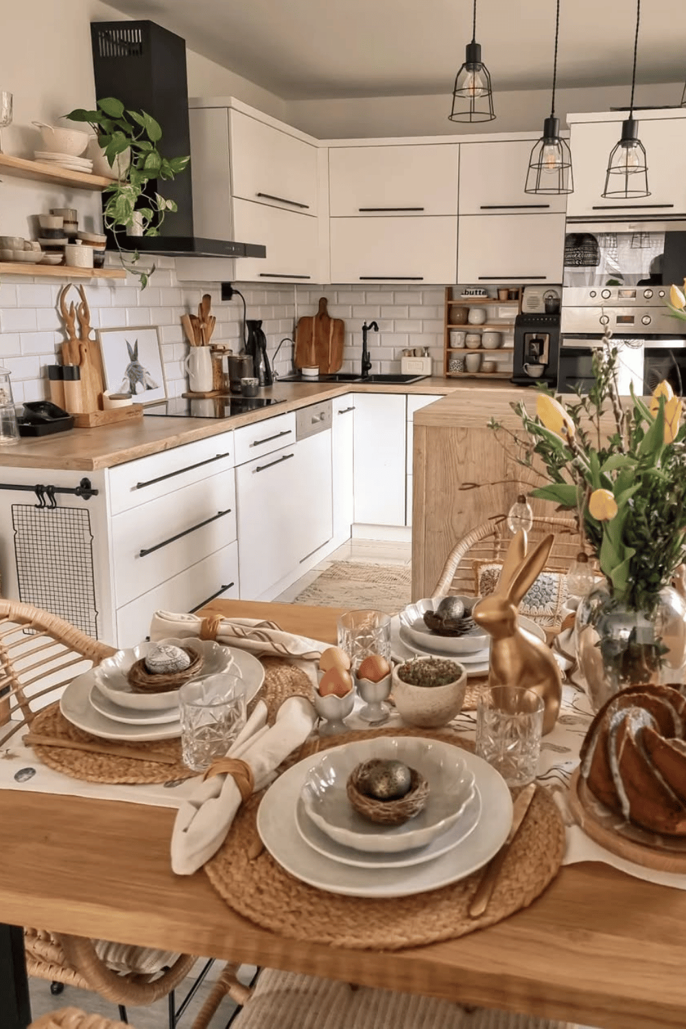 Neutral and elegant Easter dinner table with natural wood tones, gold accents, and Easter Table Decorations.