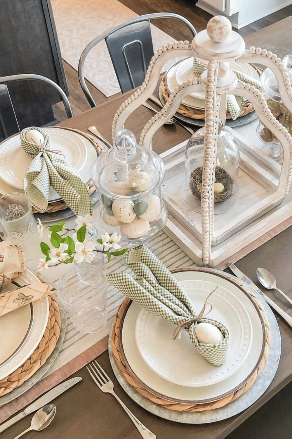Farmhouse Easter Tablescape featuring gingham bunny napkins, natural wood accents, and rustic Easter Table Decorations.