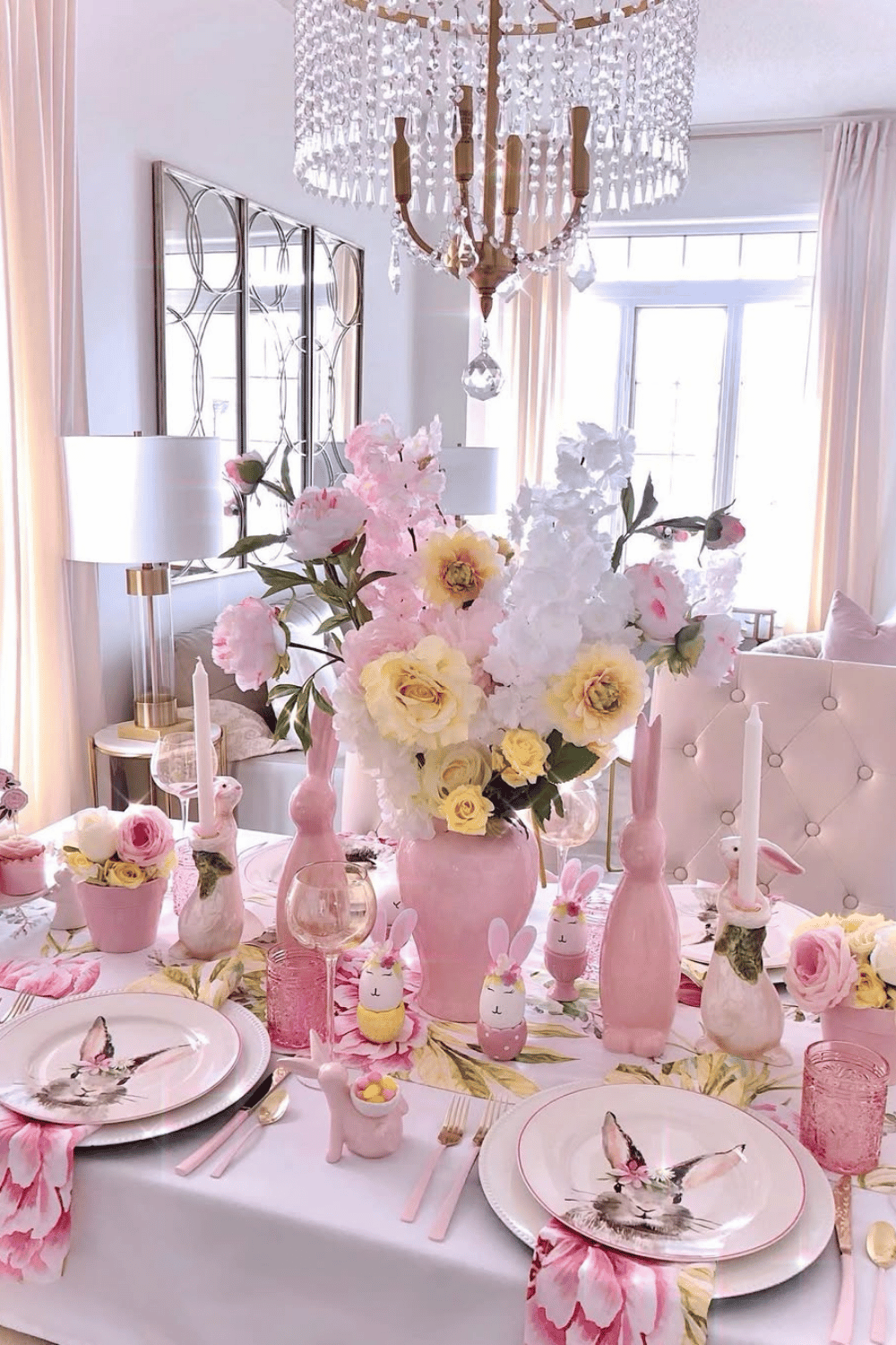 Blush pink and bunny-themed Easter table ideas with romantic florals and soft candlelight.