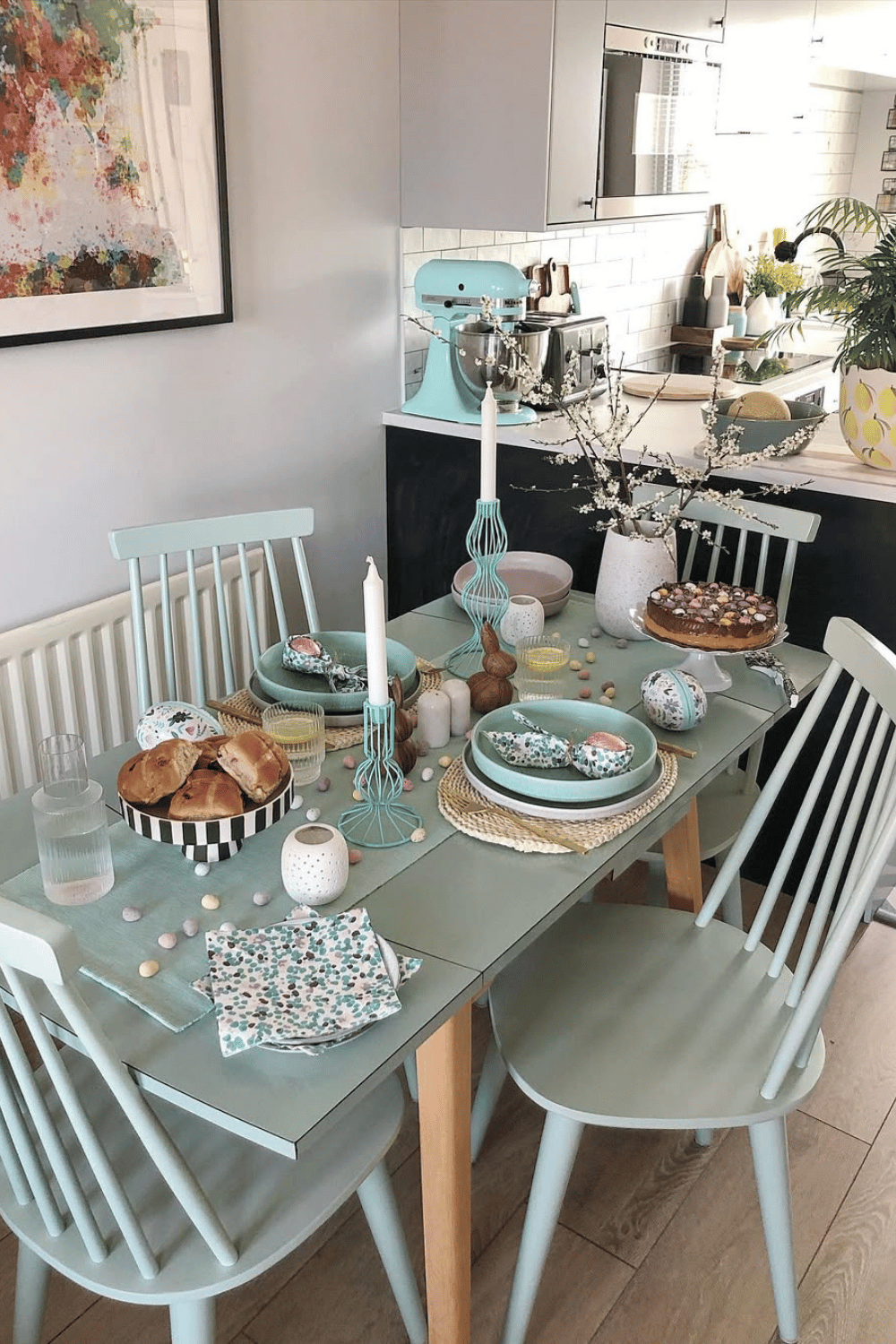 Soft mint and pastel Easter Brunch Tablescape with floral dishware, delicate napkin rings, and vintage accents.