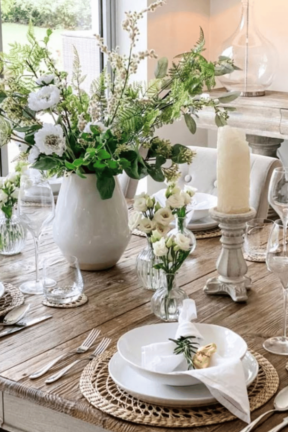 Organic fresh greens and whites Easter Tablescape with woven textures, Easter Bunny accents, and gold details.