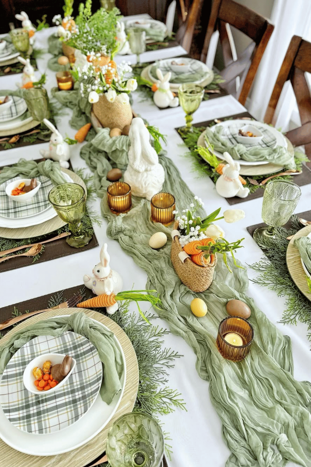 Carrot patch chic Easter Table Decorations featuring a green table runner, bunny figurines, and mini carrot details.