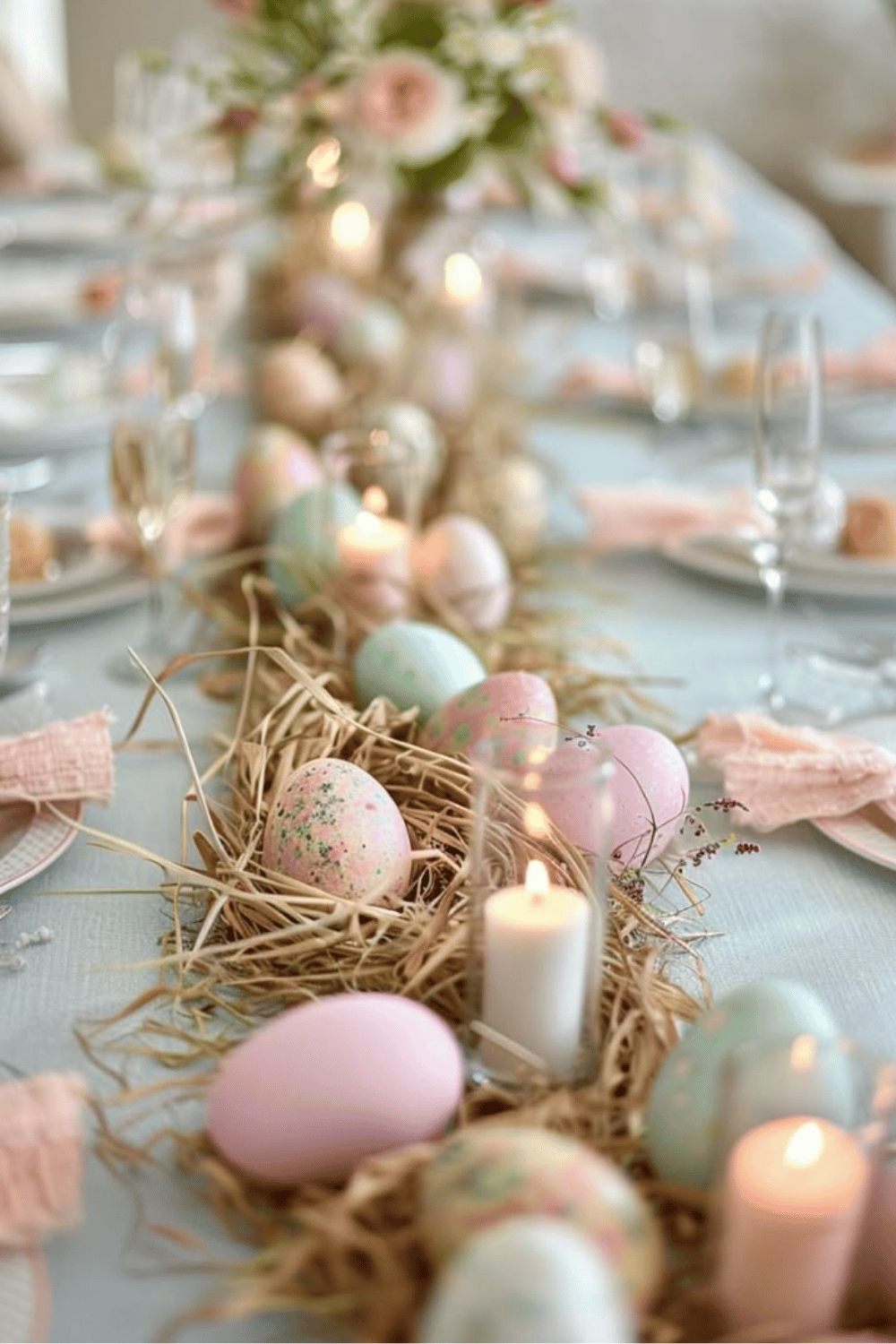Easter Egg Meadow centerpiece idea with a soft candlelit Easter Tablescape and pastel-colored Easter eggs.