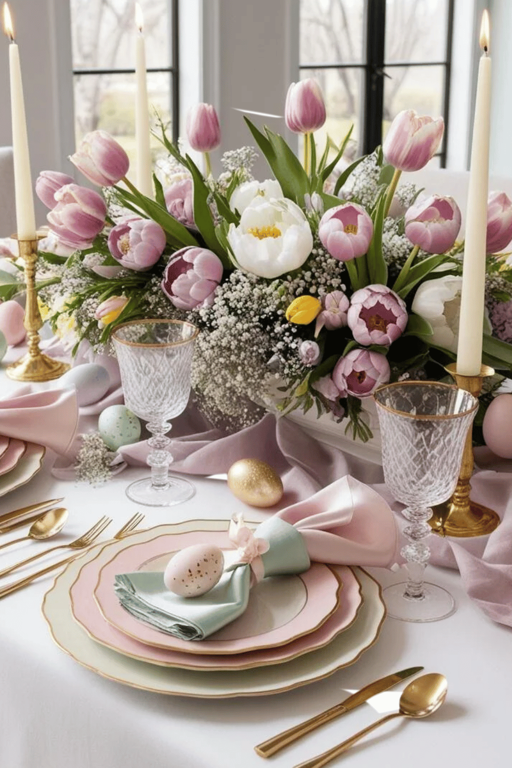 Blush and gold Easter Table Decorations with Easter Dinner Table elegance and a chic Easter Brunch Tablescape setup.