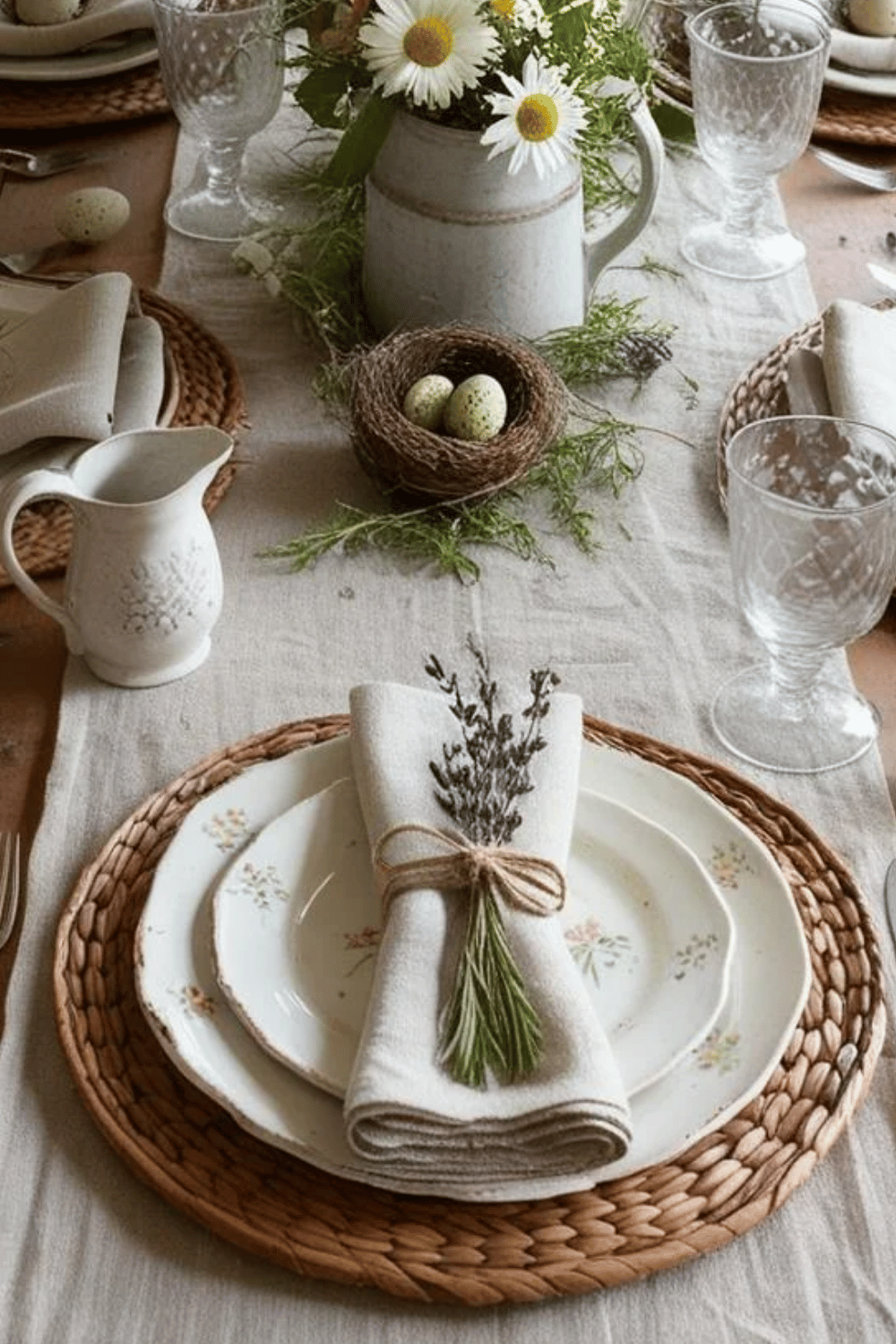 Rustic farmhouse Easter Table Ideas with woven textures, lavender sprigs, and vintage floral dishes.