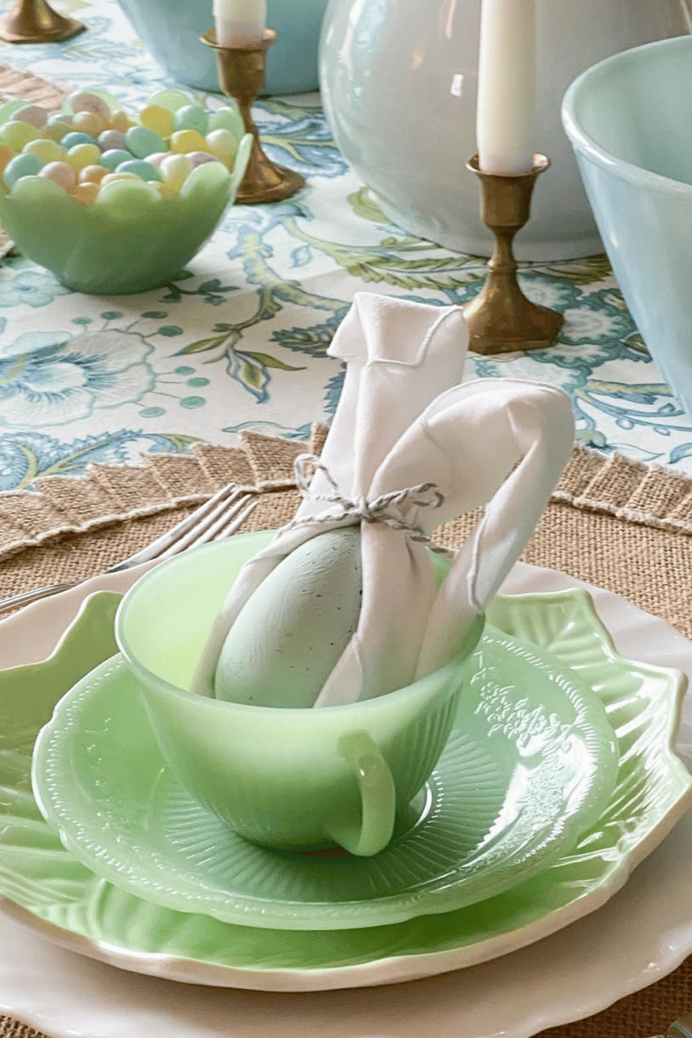 Vintage jadeite Easter Tablescape with bunny-shaped napkins and soft pastel Easter Table Decorations.