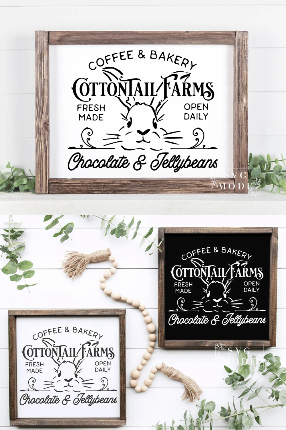 Rustic Cottontail Farms Easter sign with a wooden frame.