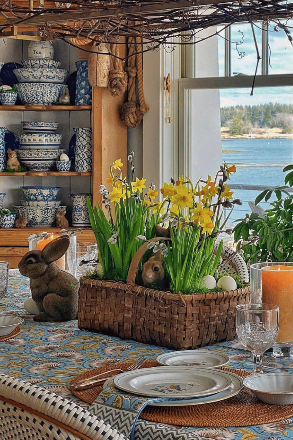 Easter tablescape with a woven basket, spring flowers, and bunny figurines.
