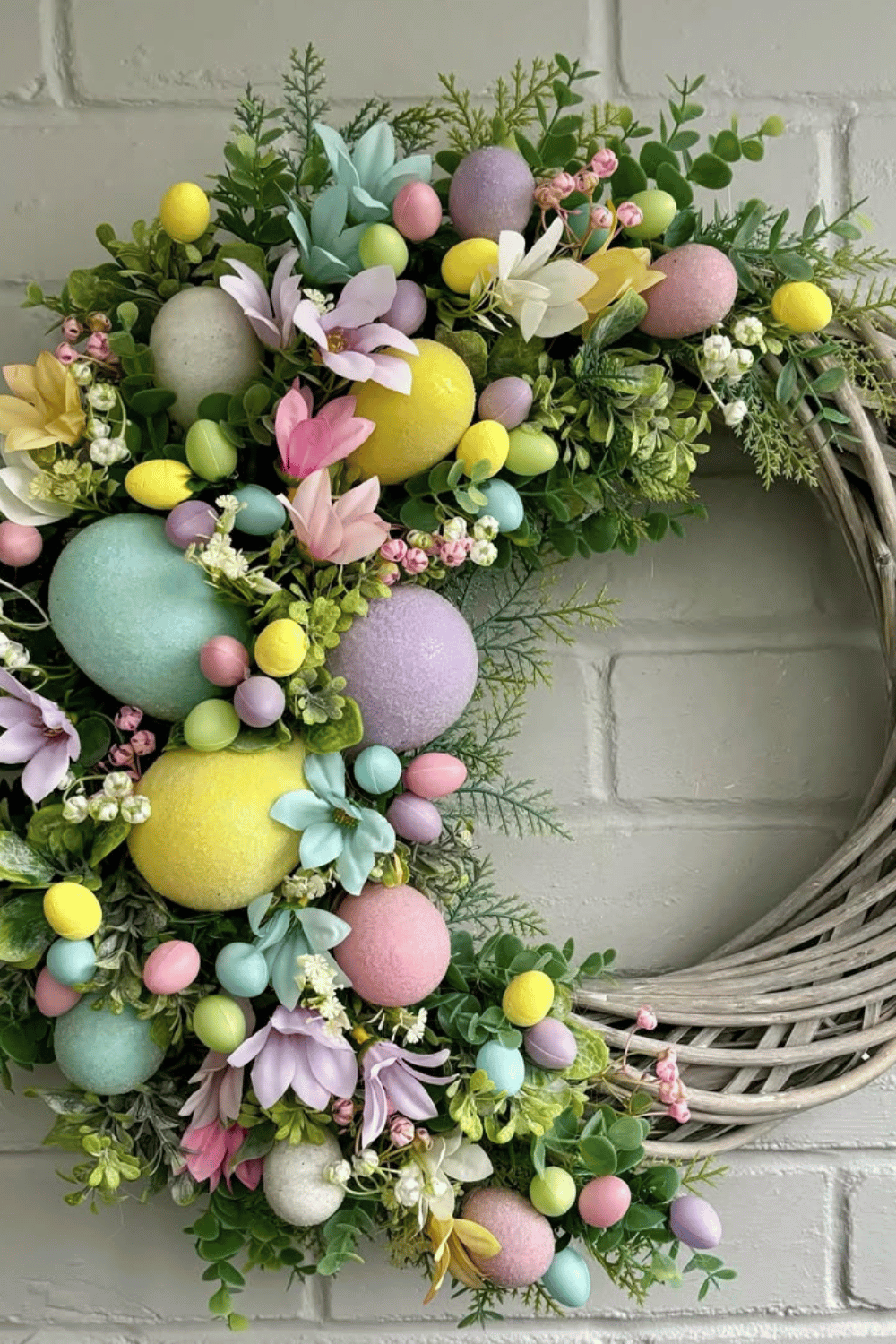 Whitewashed base showcases a floral Easter wreath adorned with pastel eggs.