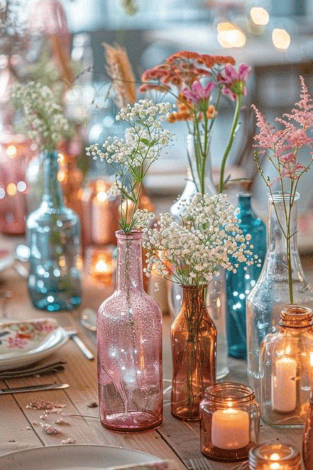 Assorted colored glass bottles with fresh blooms and candles for a whimsical spring tablescape