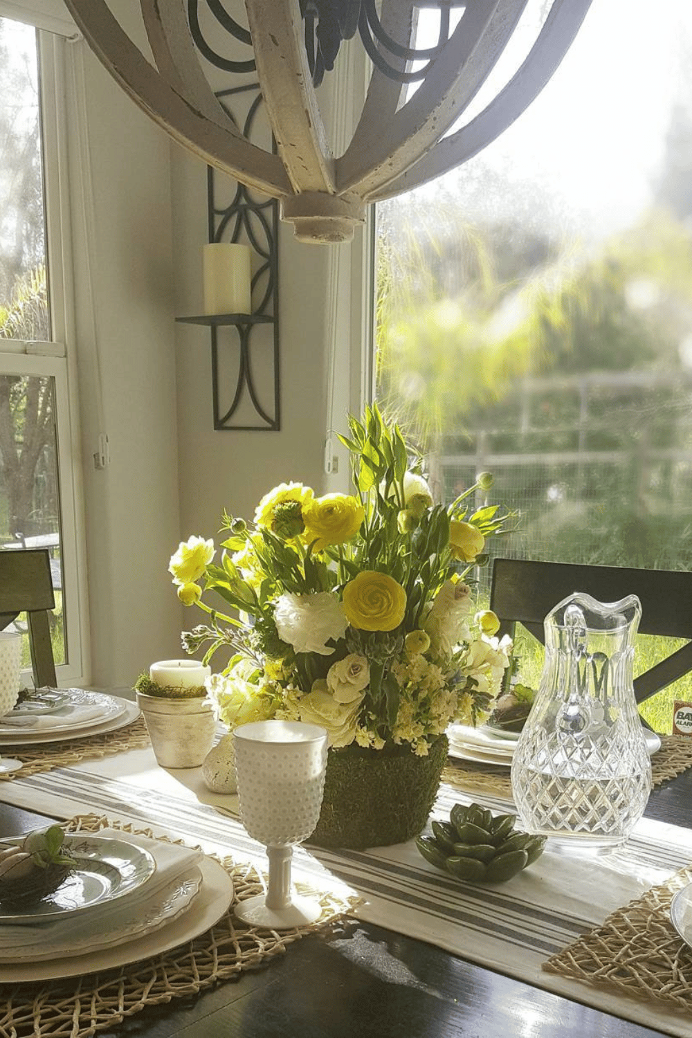 Yellow ranunculus and white flowers arranged in a moss basket centerpiece on a dining table