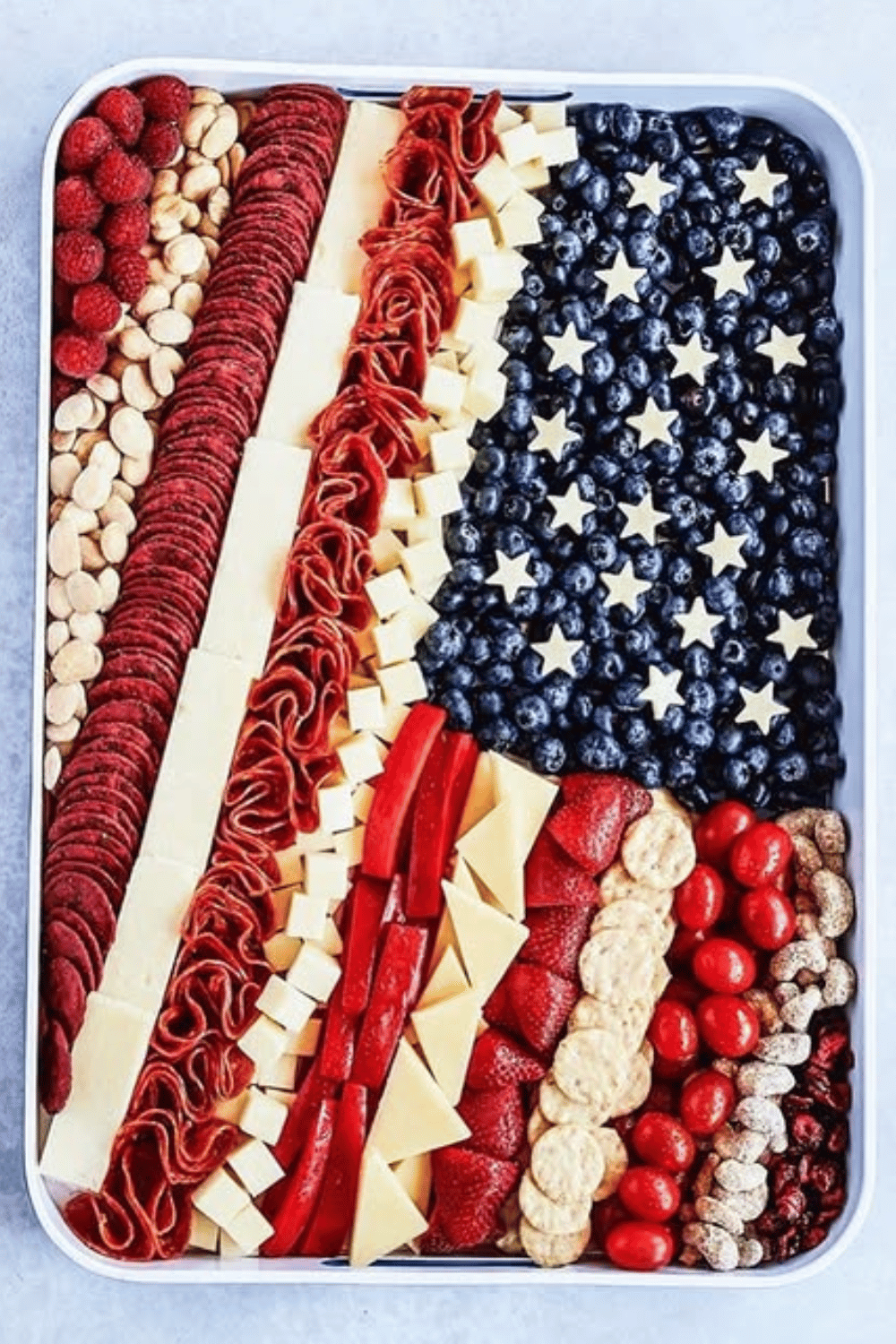 American flag cheeseboard with salami, cheese, blueberries, and crackers