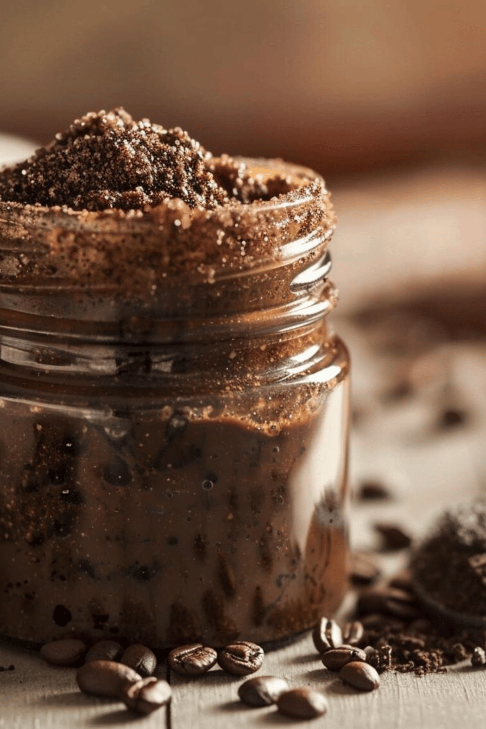 Coffee sugar scrub in glass jar with rustic handmade label