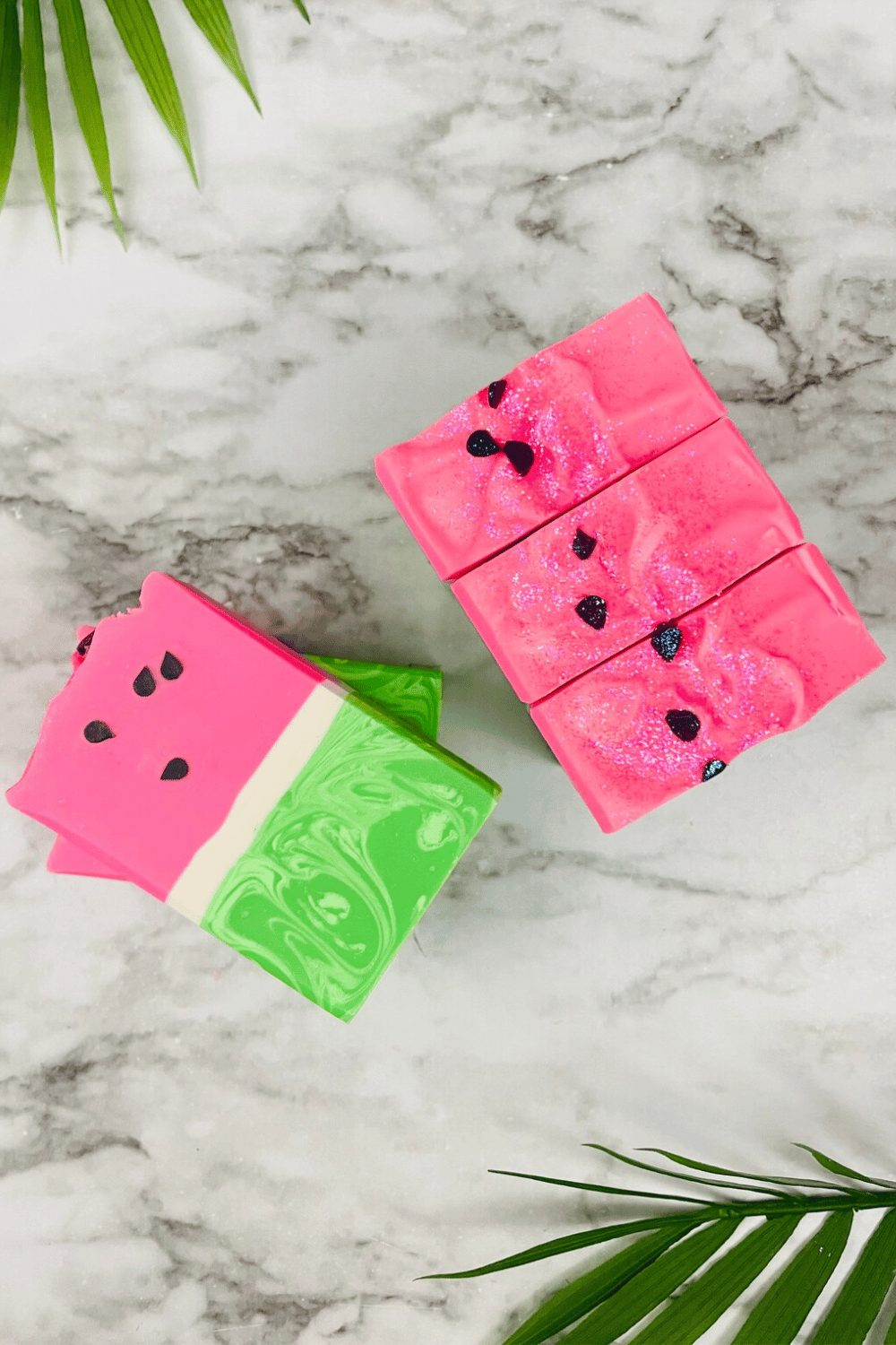 Watermelon sugar soap bars shaped like slices with seeds