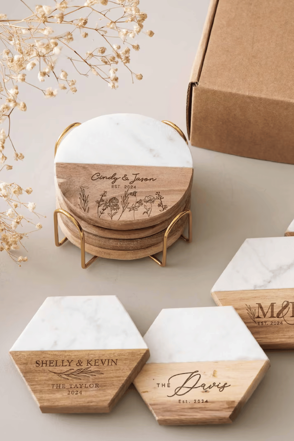 Marble and wood coasters arranged in a modern living space