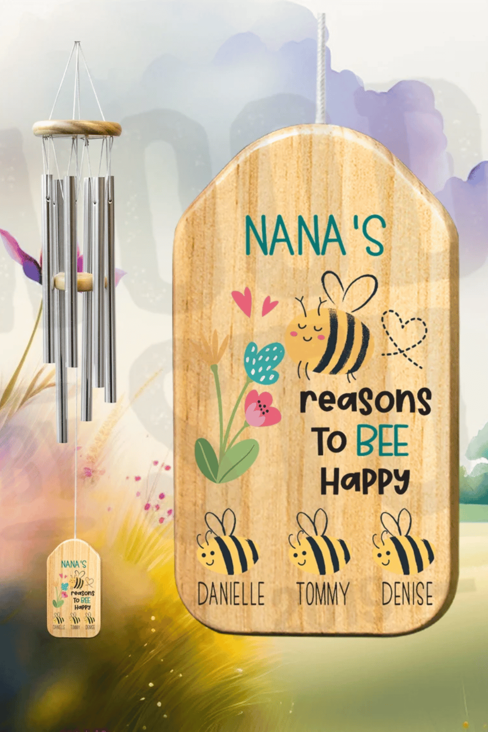 Personalized wind chime with bee-themed charms and wood