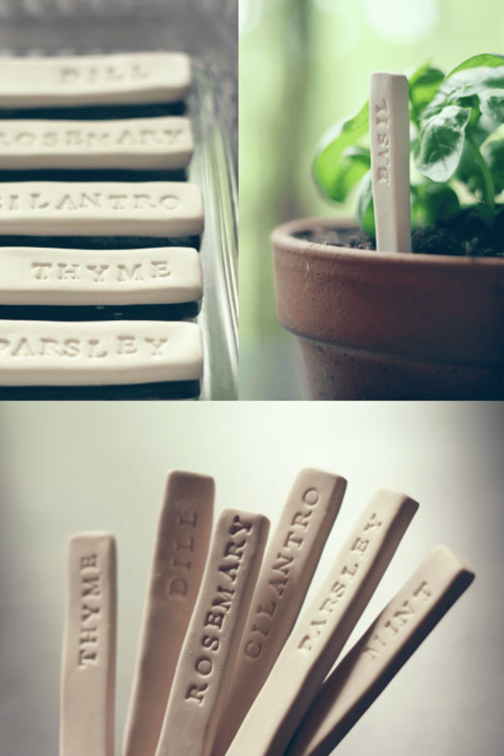 Clay herb garden markers stamped with names of herbs