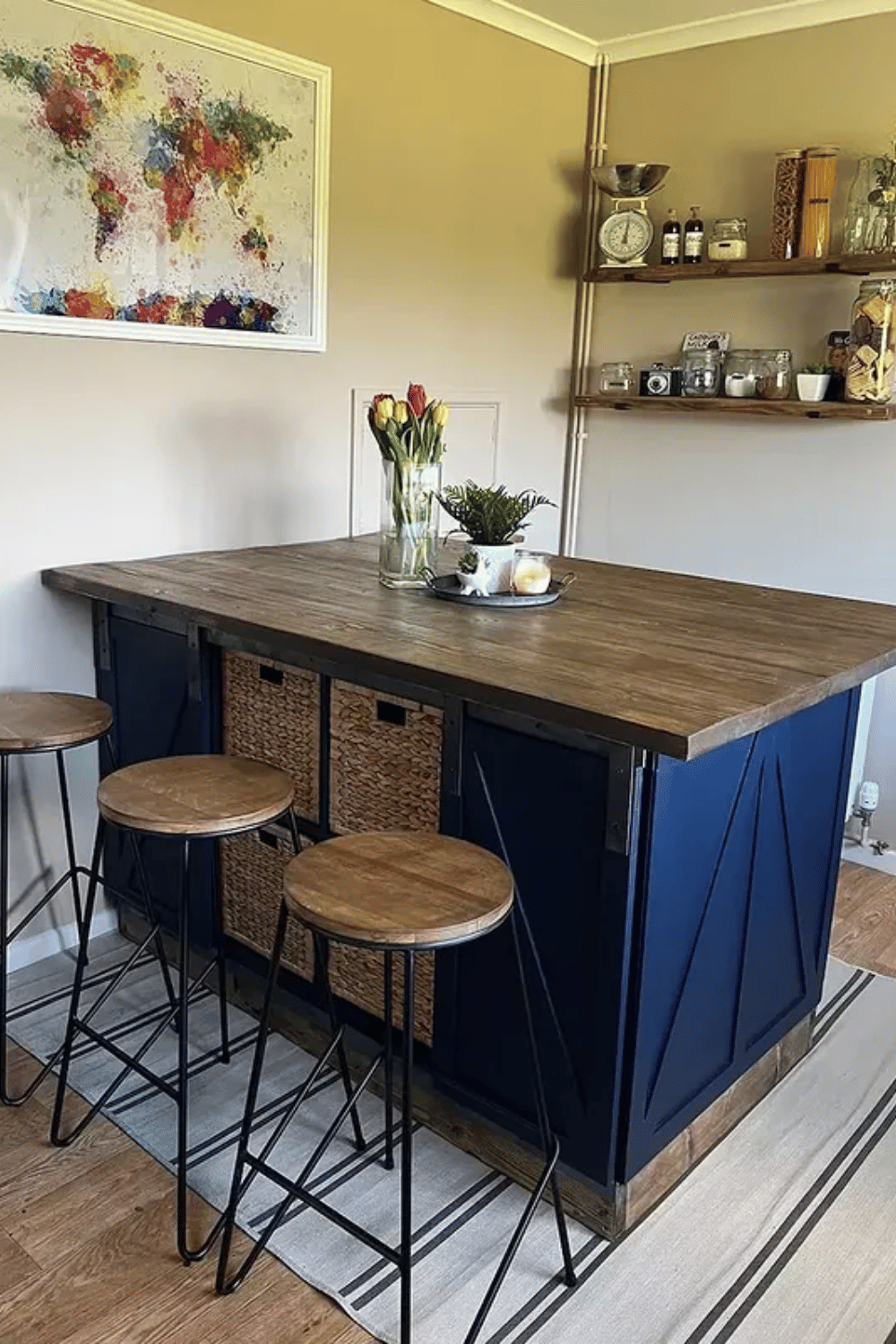 Navy Ikea Kallax kitchen island and breakfast bar smart kitchen storage idea
