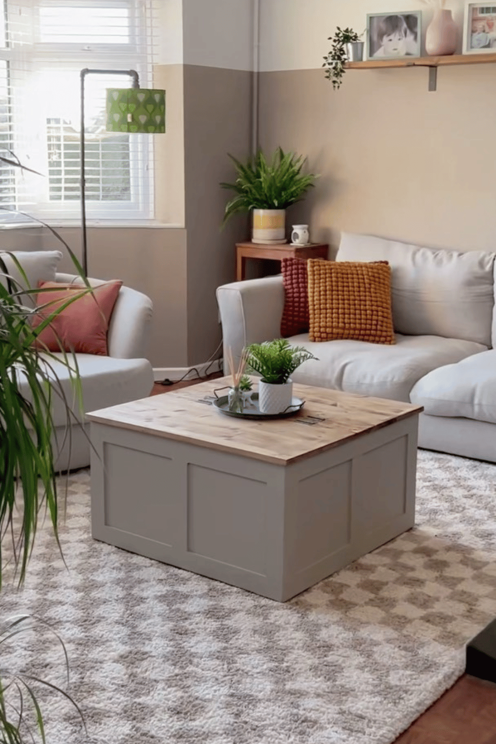 Kallax coffee table hack with wood paneling and hidden storage affordable home update