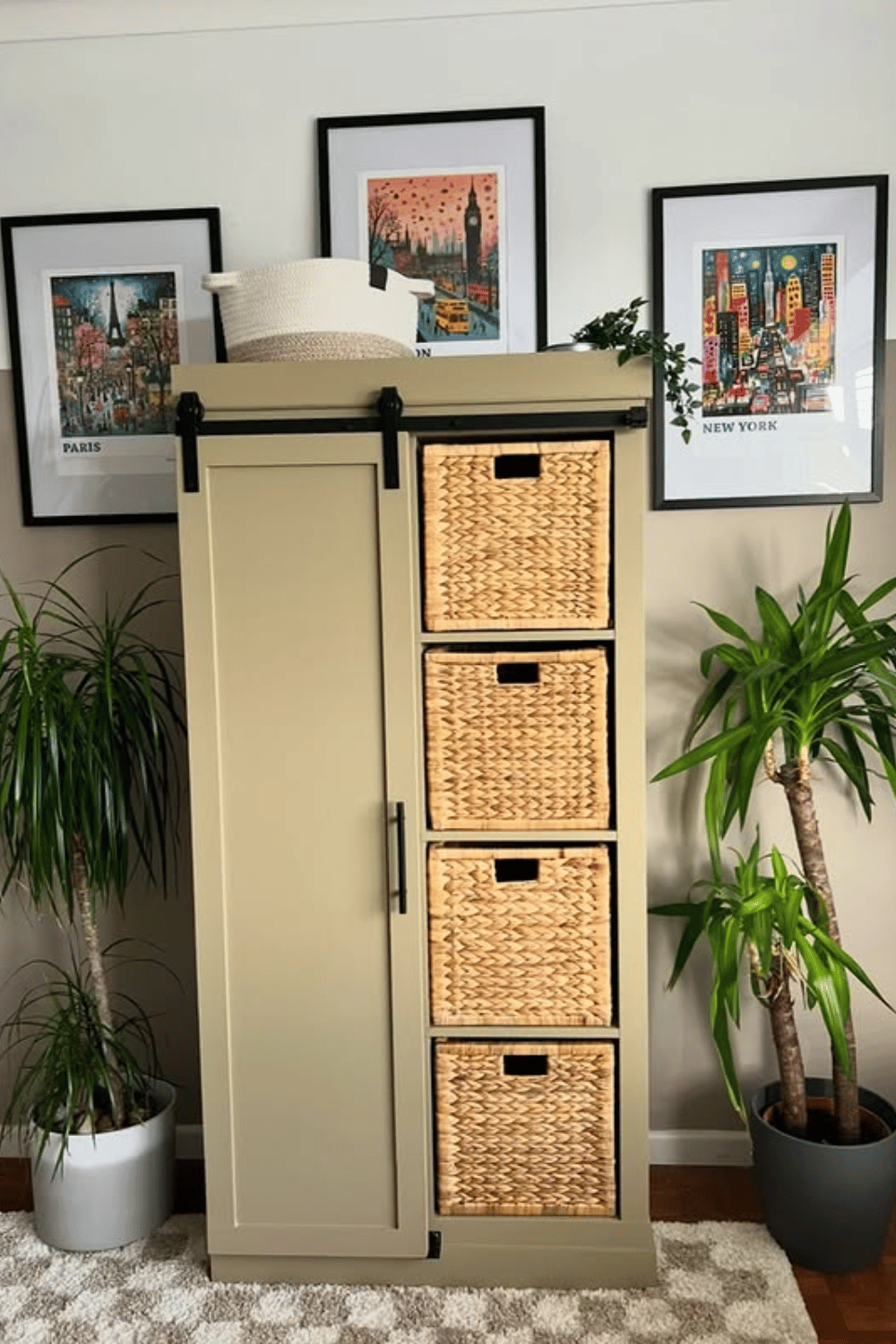 Farmhouse Kallax storage unit with sliding barn door boho Ikea hack