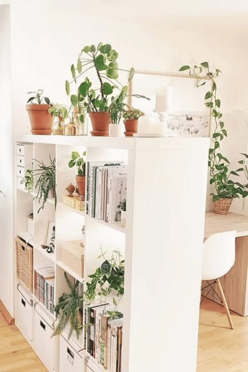 Room divider made from Kallax shelf with plants and decor boho style room zoning