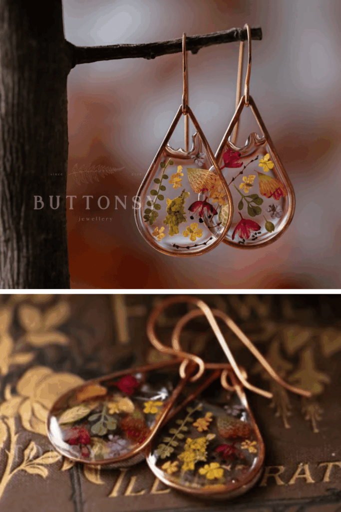Teardrop resin earrings embedded with colorful dried flowers