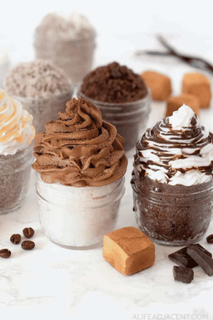 Whipped sugar scrubs in jars styled to look like frosted desserts