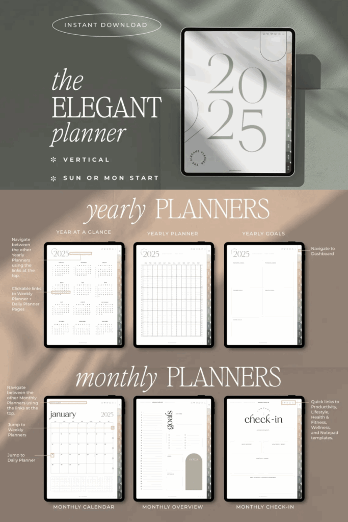 Digital planner displayed on tablet with yearly and monthly templates