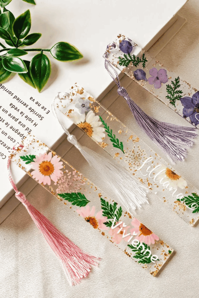 Clear resin bookmarks with real pressed flowers and tassels