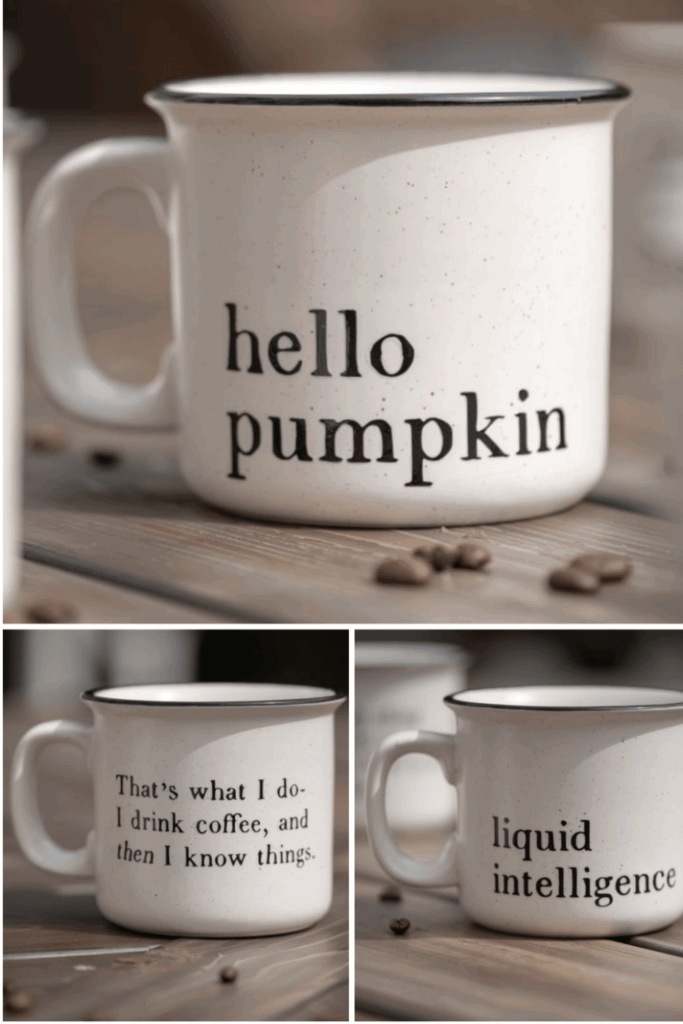 White ceramic mugs with playful quotes and seasonal text