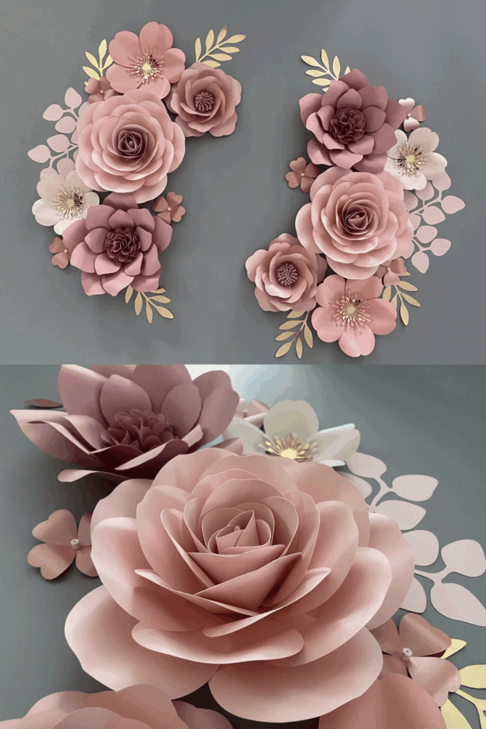 Oversized blush and mauve paper flowers arranged on a grey background